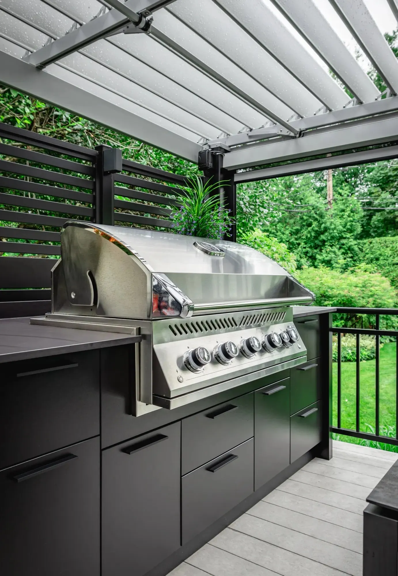 The covered terrace — cabinetry and counter edge in detail
